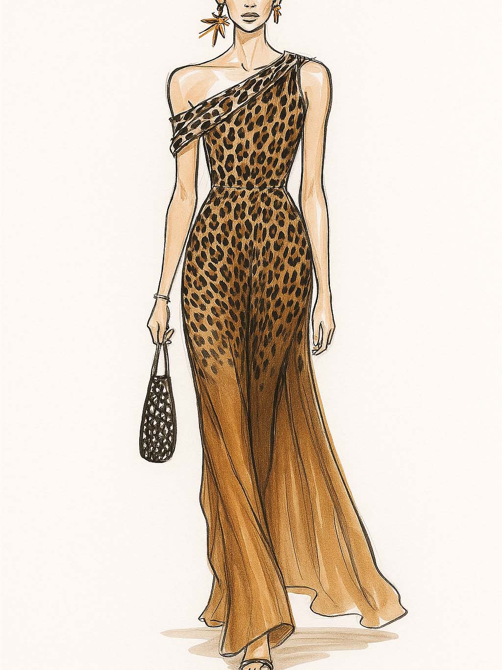 One Shoulder Maxi Dress With Brown Leopard Print
