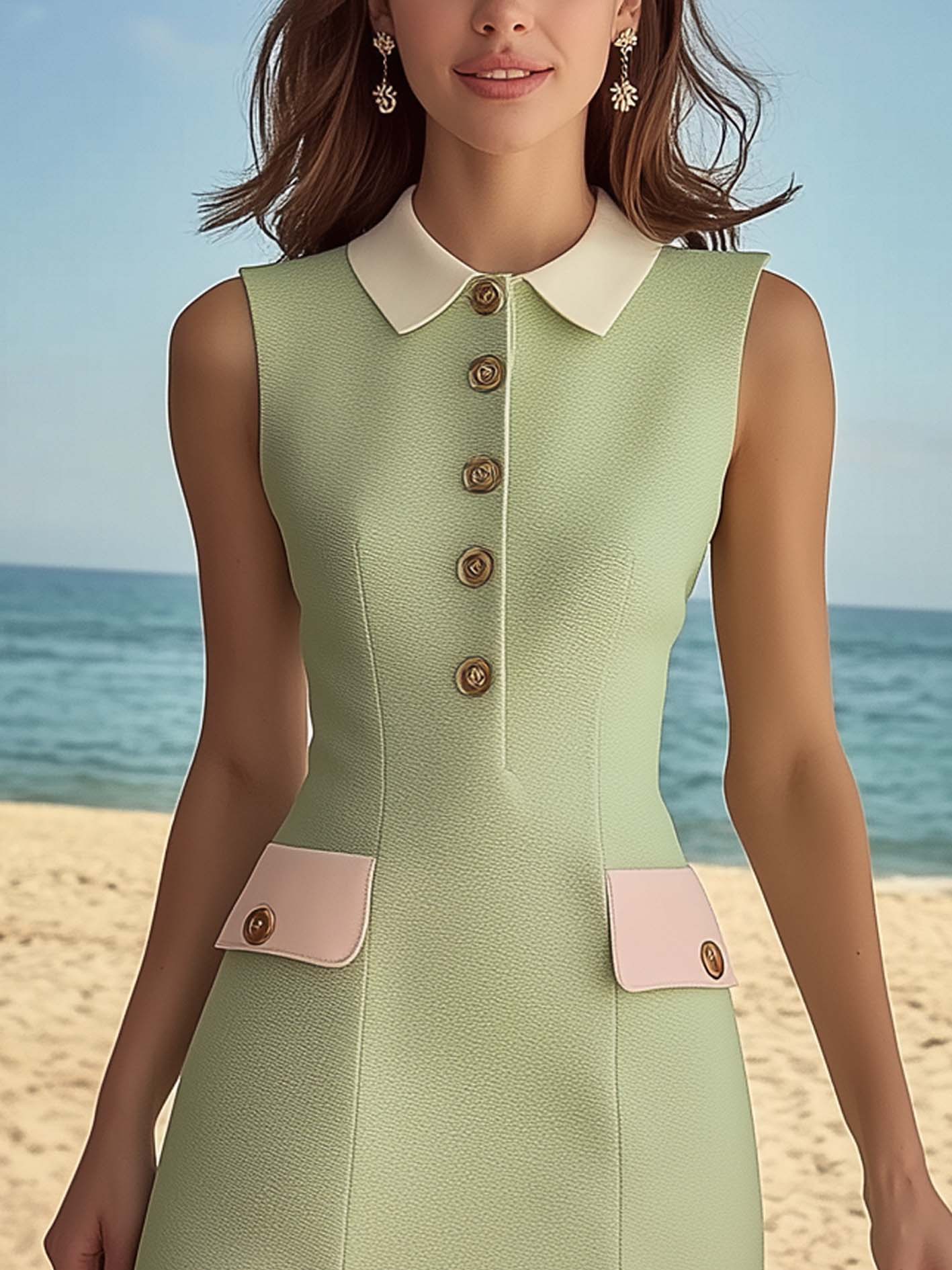 Fashionable Textured Fabric Green Mini Dress With Buttons