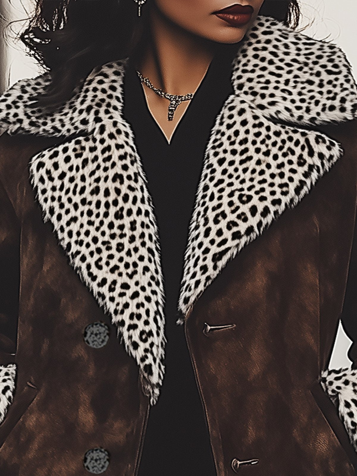 Leopard Print Fur Lined Collar Warm Fashionable Coat