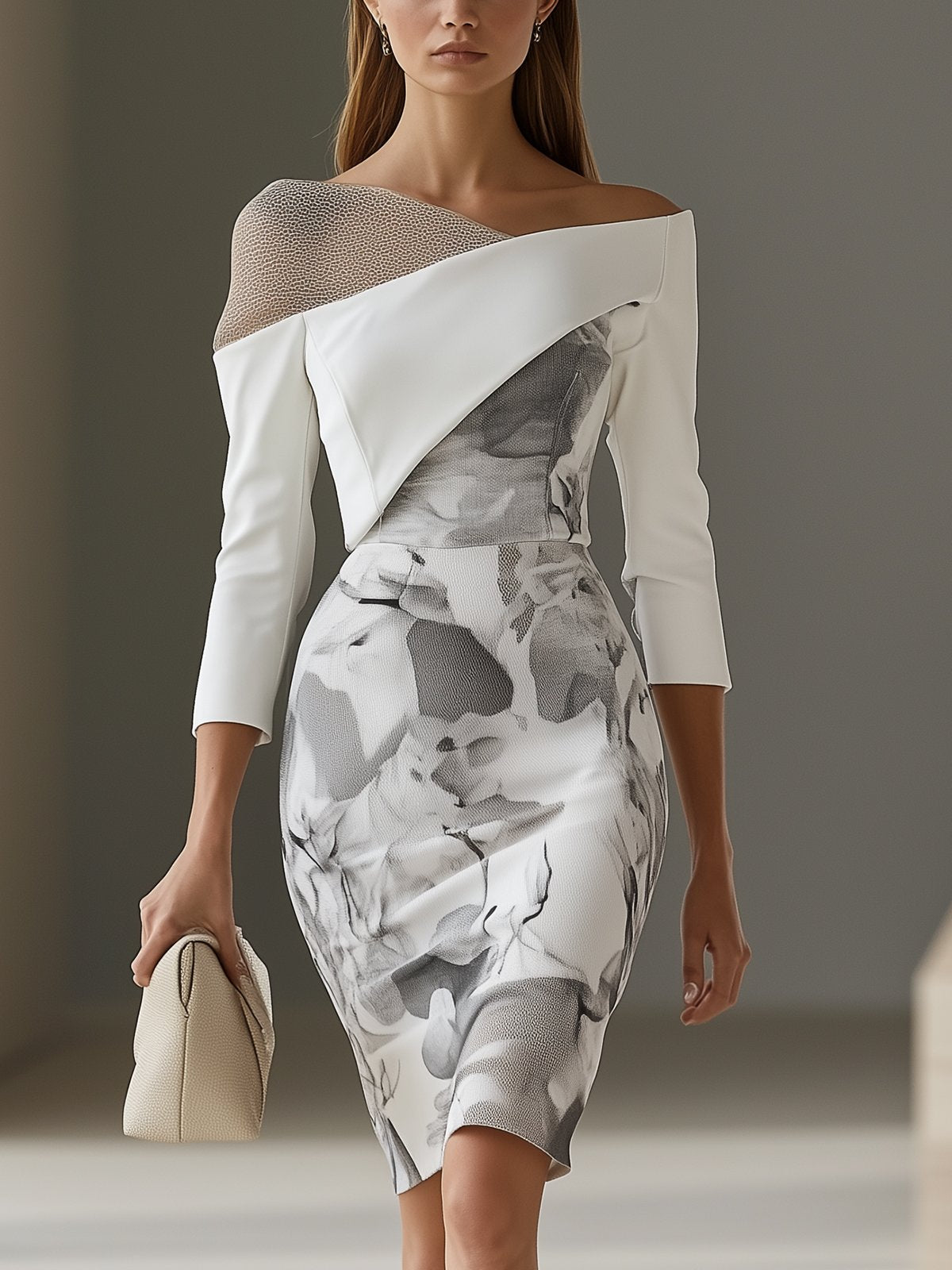 Asymmetrical White Bodycon Dress With Mesh Neckline And Floral Print