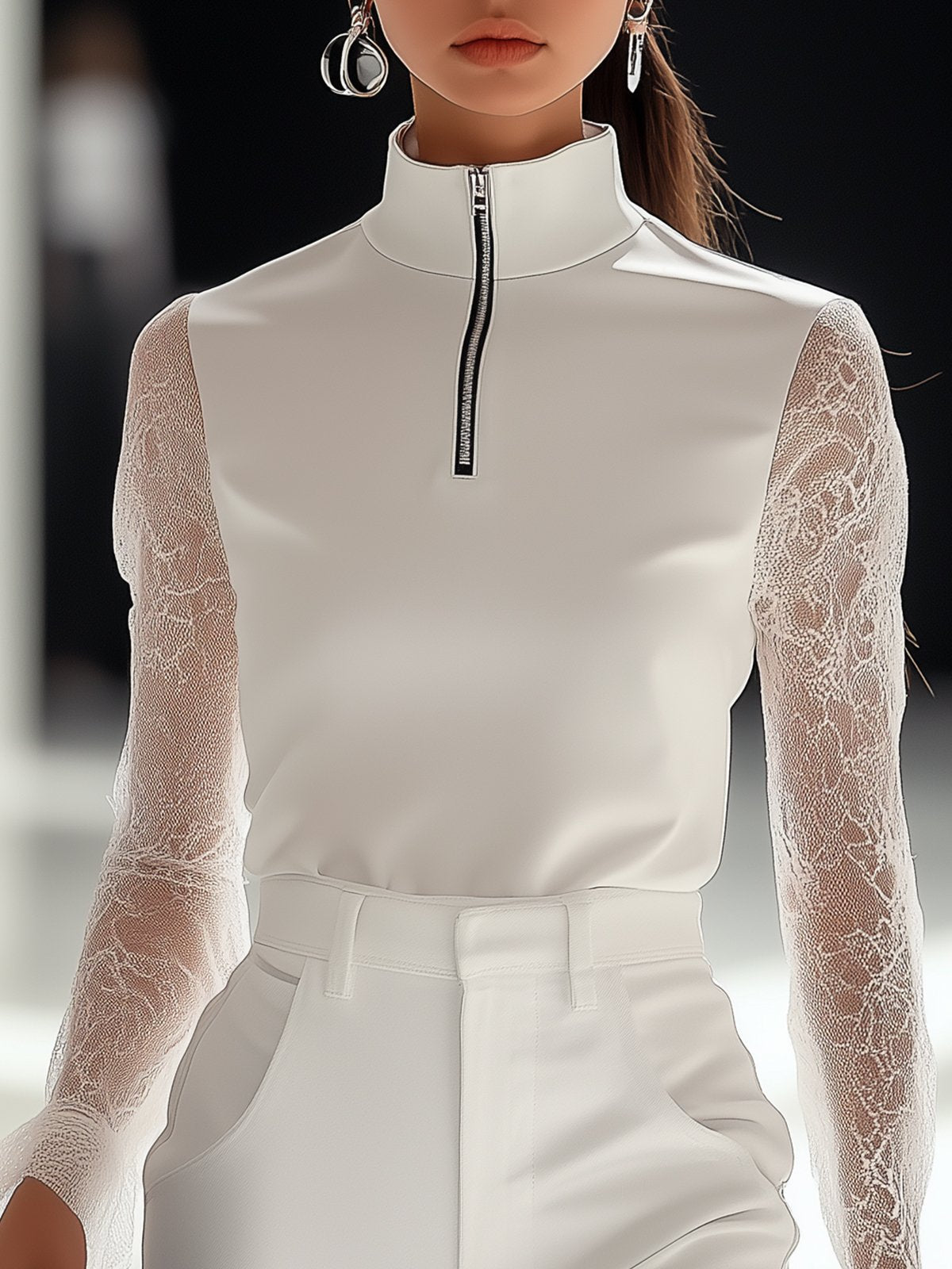 White High Elasticity T-shirt With Lace Long Sleeves And A Zipper Design At The Collar