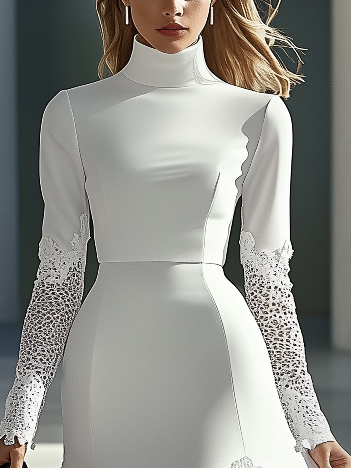 White High-Neck Bodycon Dress With Lace Sleeves And Hem