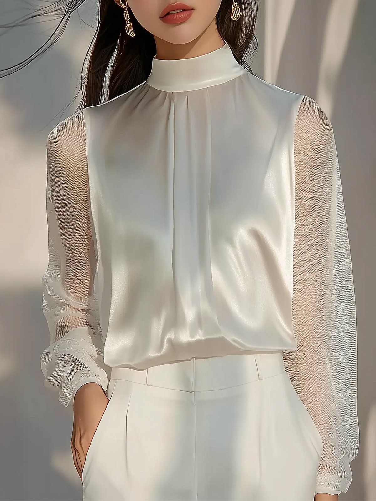 Elegant White Satin High-Neck Blouse With Sheer Mesh Long Sleeves