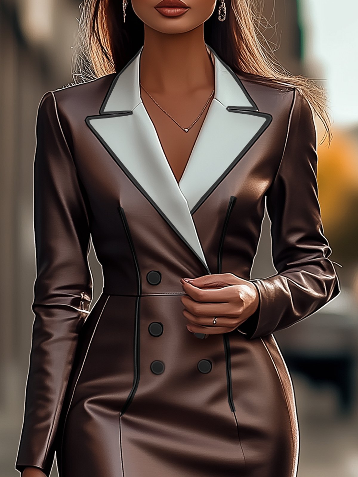 Classic Lapel Colorblock Long Sleeve Dress