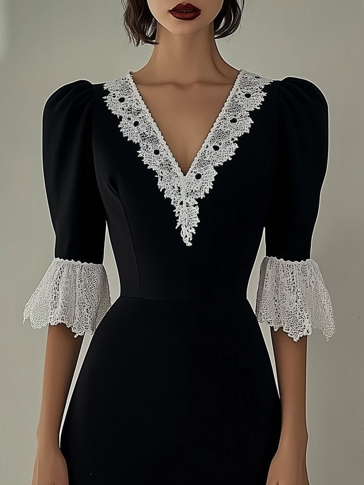 White Lace V-Neck Bell Sleeve Black Bodycon Dress