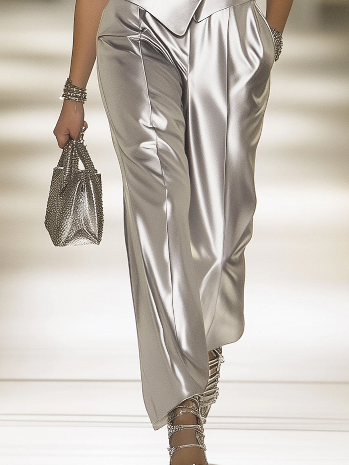 Silver Satin Double-Breasted Vest And Pants Suit