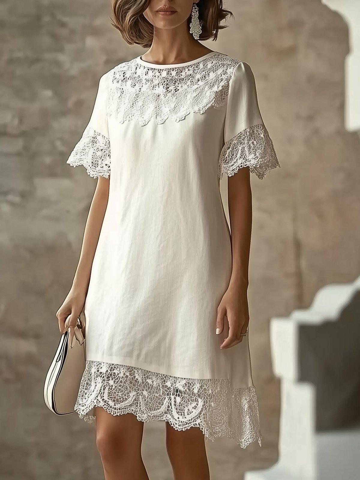 Casual White Dress With Lace Insets