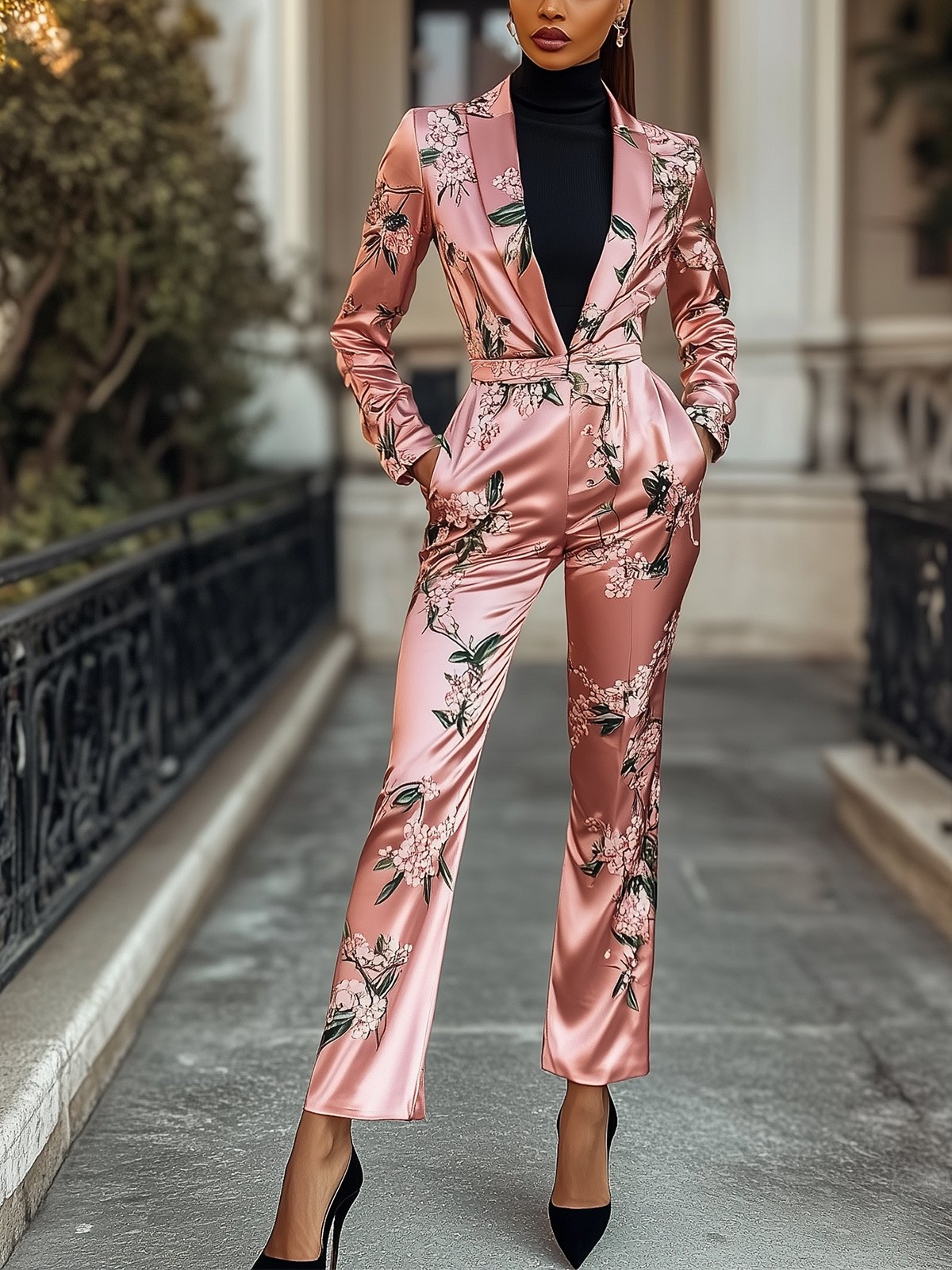 Glossy Pink Satin Floral Jumpsuit