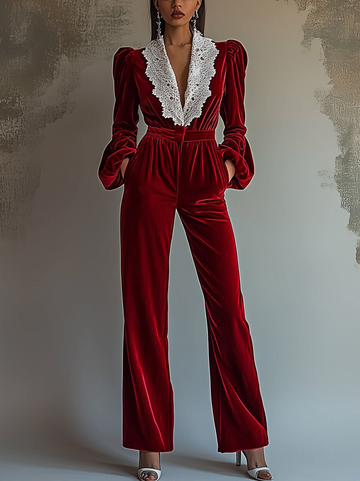 Charming Red Velvet Jumpsuit With Lace Design