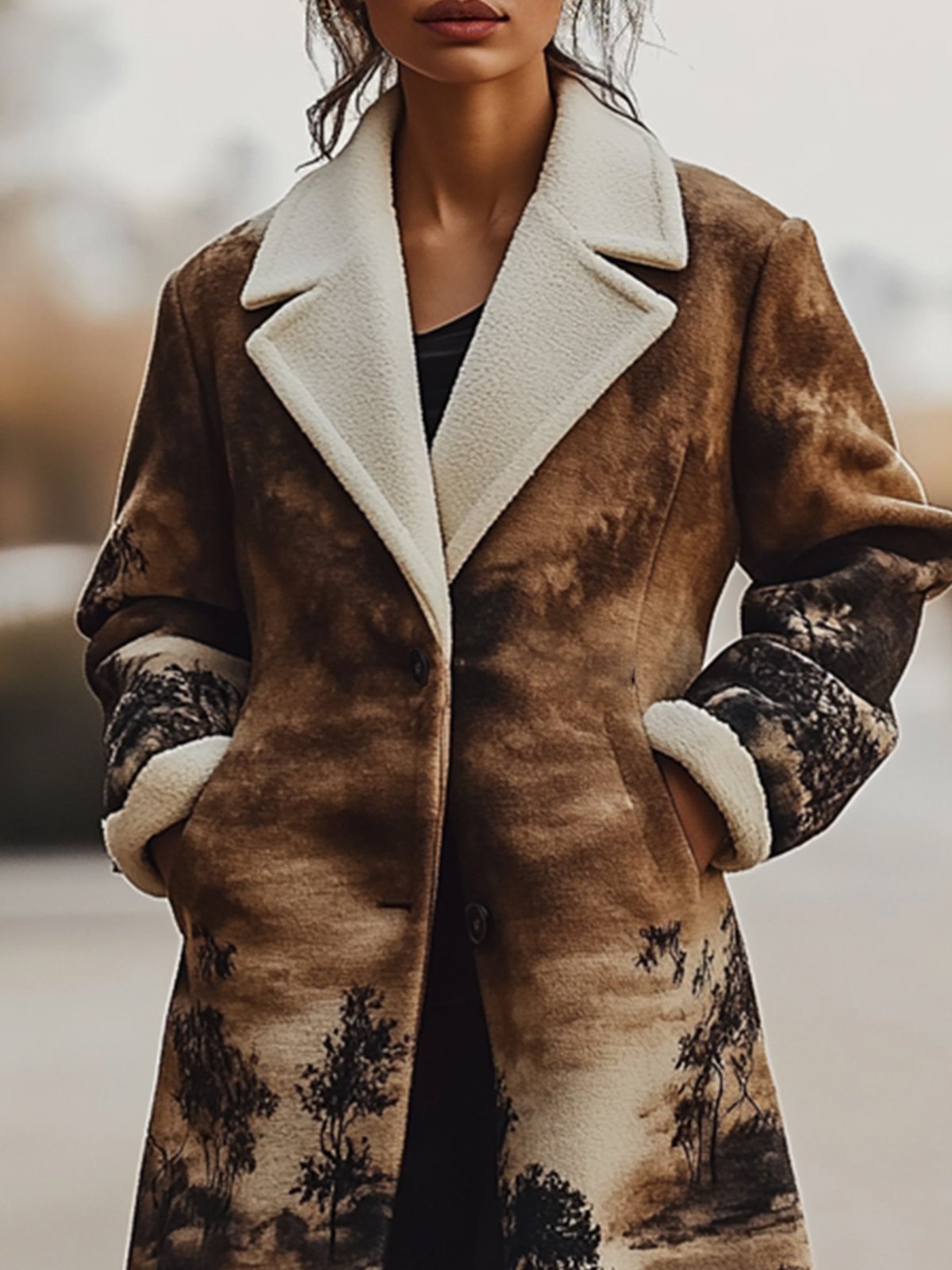 Suede Coat With Landscape Painting Print