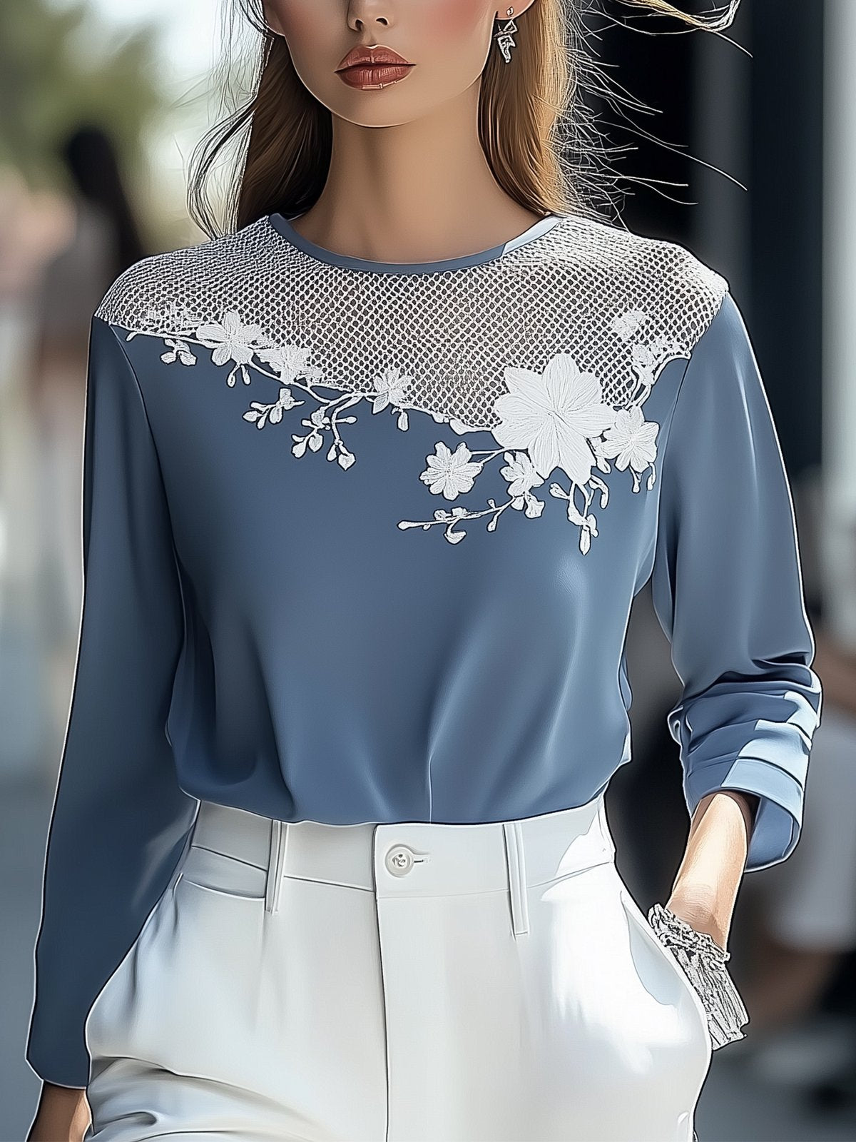 Light Blue Chiffon Embroidered Top With Mesh Neckline