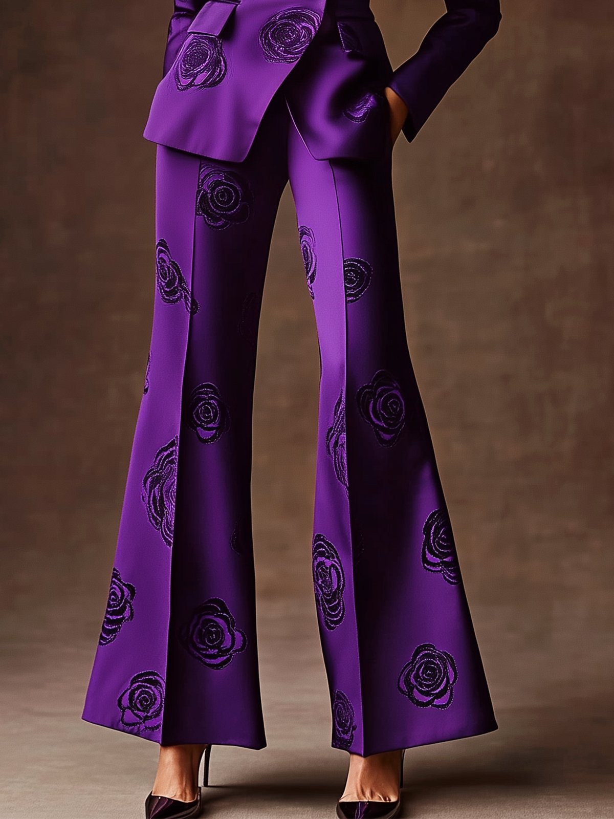 Purple Satin Black Floral Print Pants