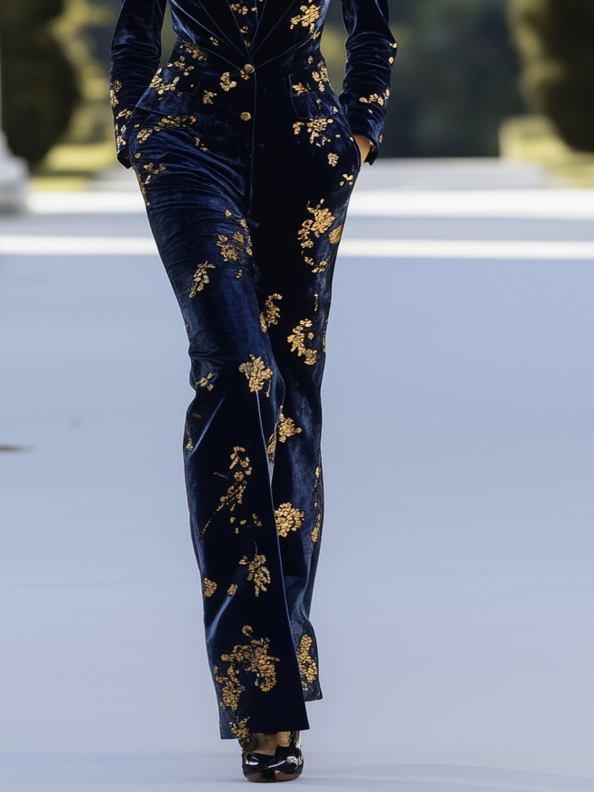 Navy Blue Velvet Jumpsuit With Gold Floral Prints