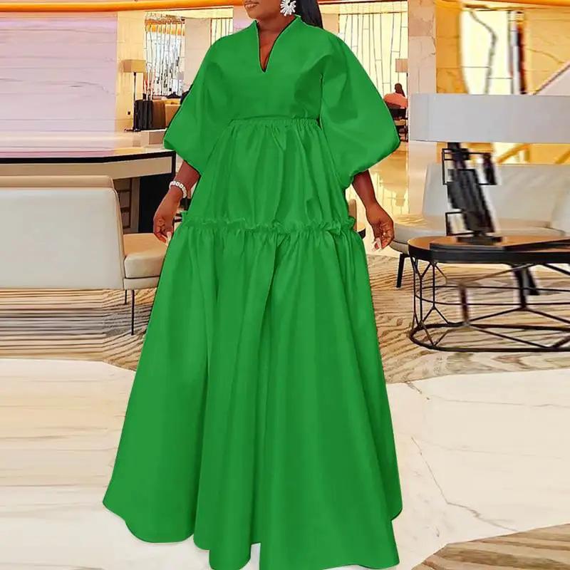 High Waisted Puffed Sleeve V-Neck Maxi Dress