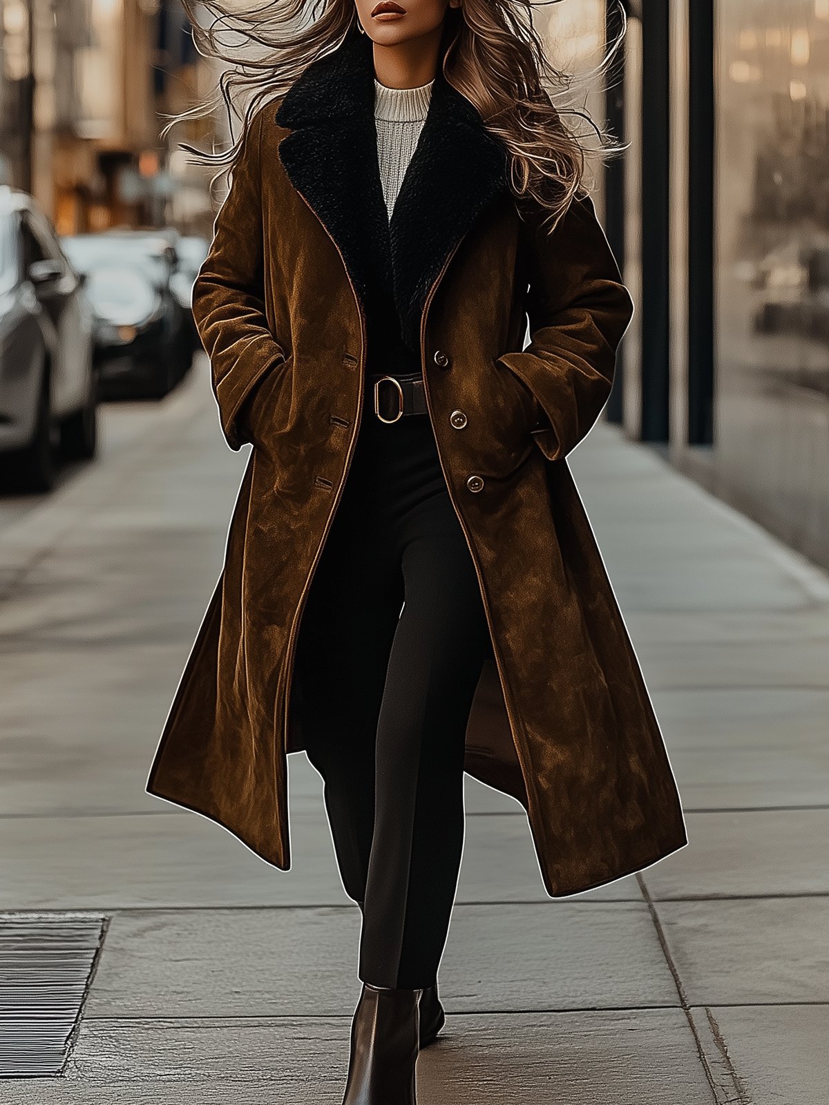 Brown Suede Warm Coat With Black Fur Collar