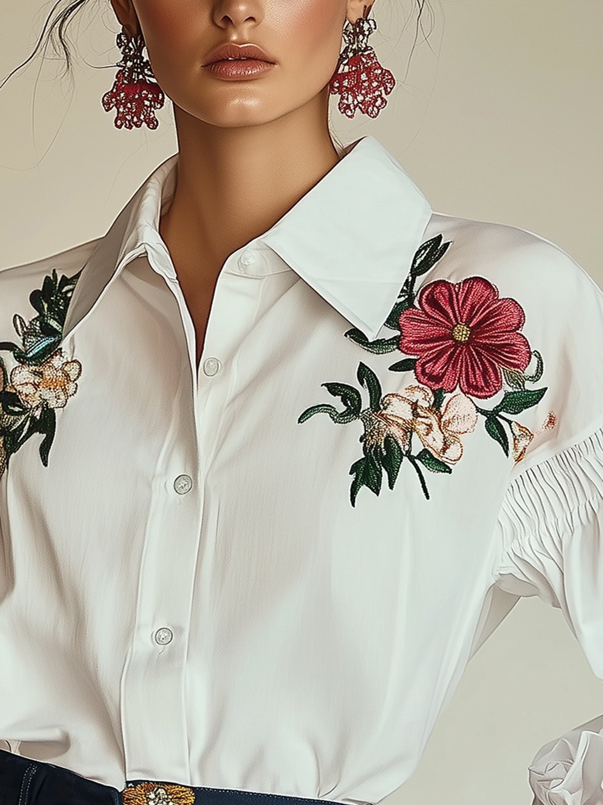 Fashion Lantern Sleeve Embroidered Blouse