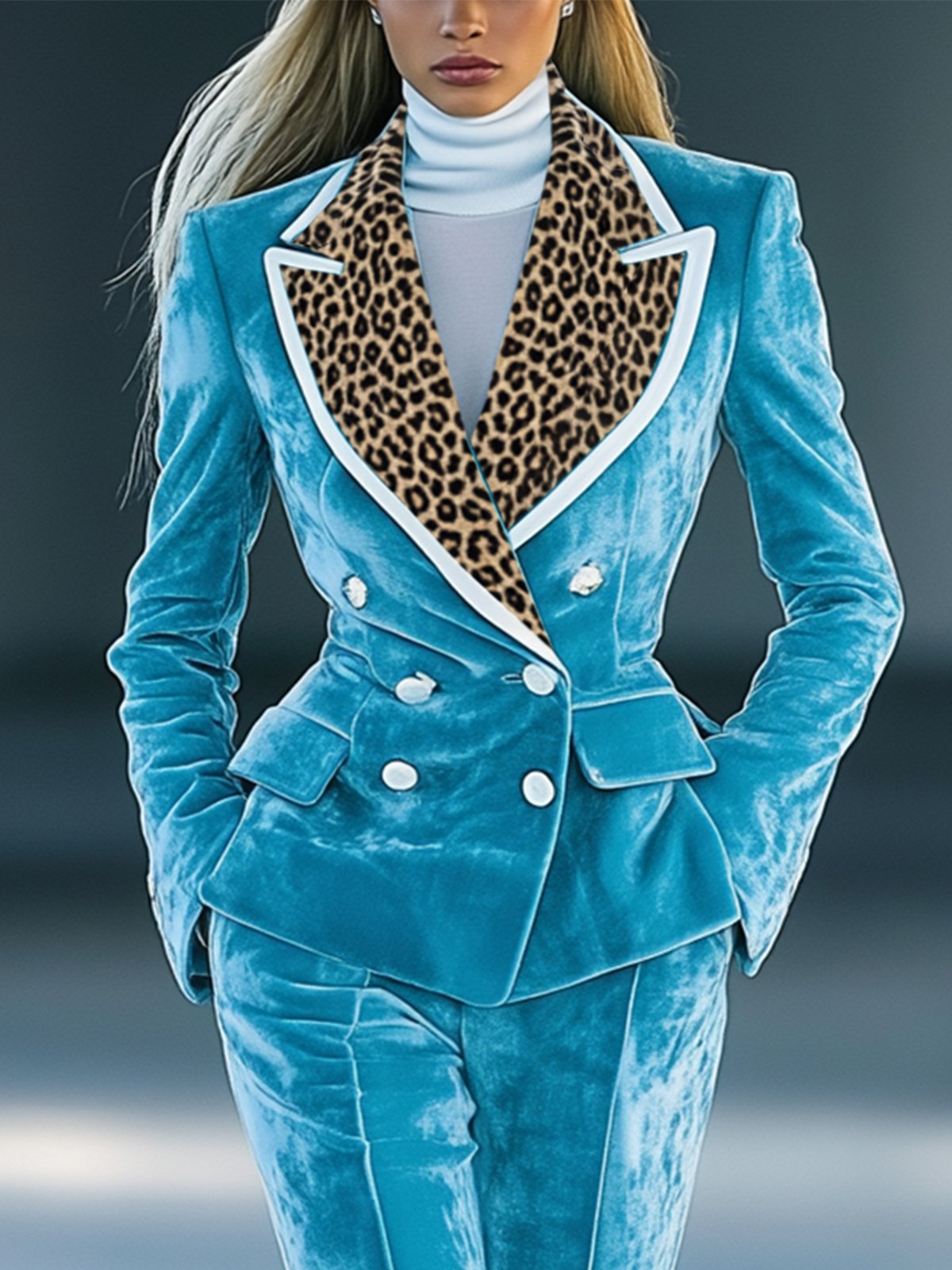 Stylish Blue Velvet Blazer With Leopard Print Lapel