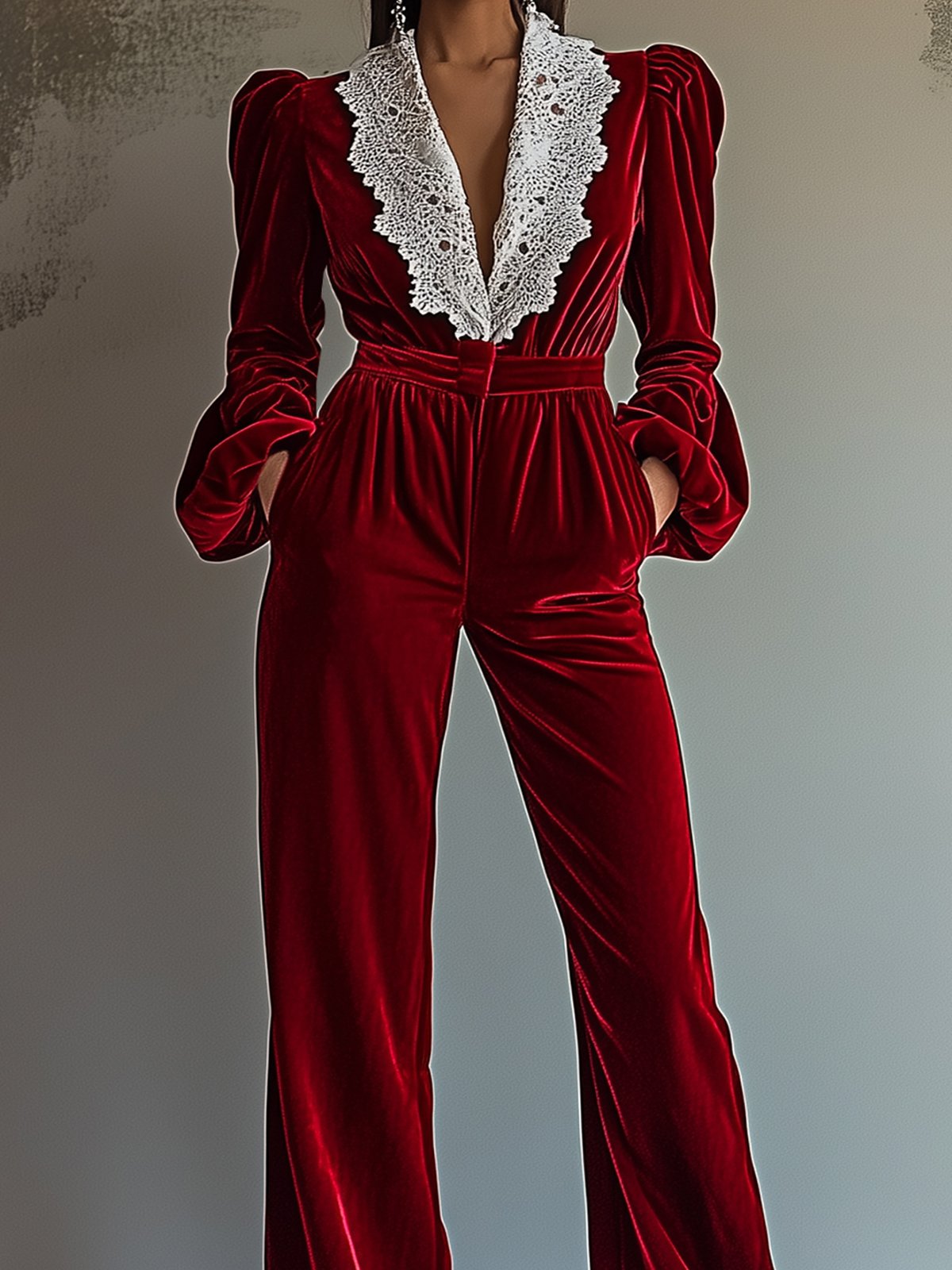 Charming Red Velvet Jumpsuit With Lace Design