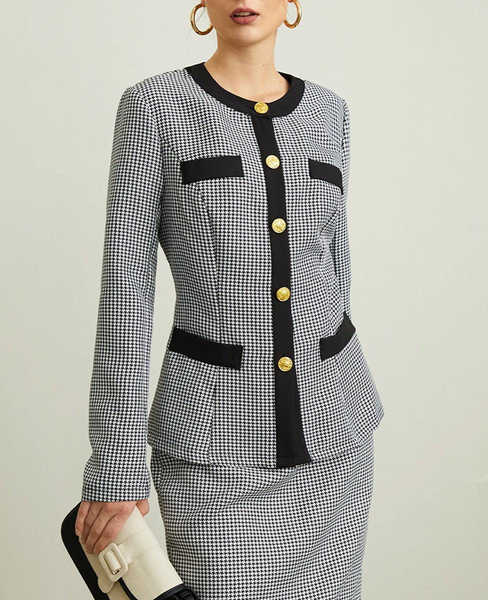 Crew Neck Houndstooth Blazer