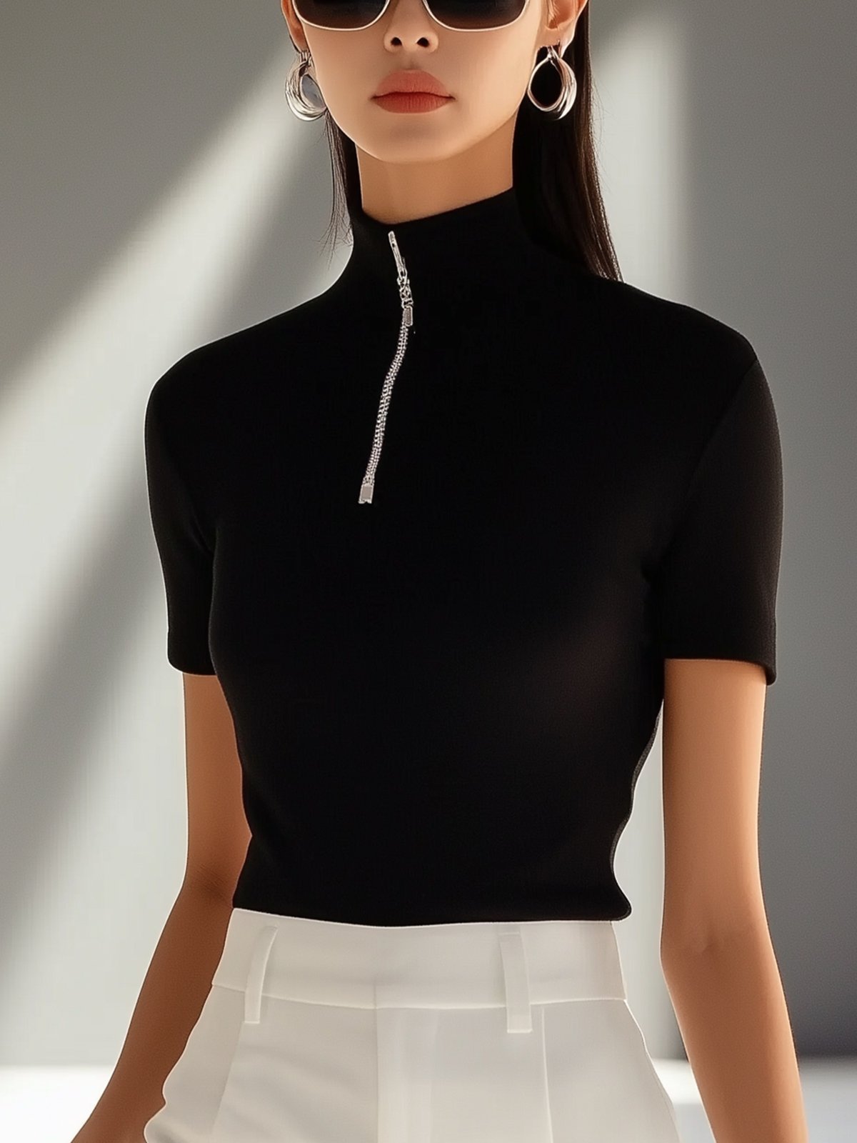 Black High-Stretch Turtleneck Short-Sleeve T-Shirt With Zipper Detail