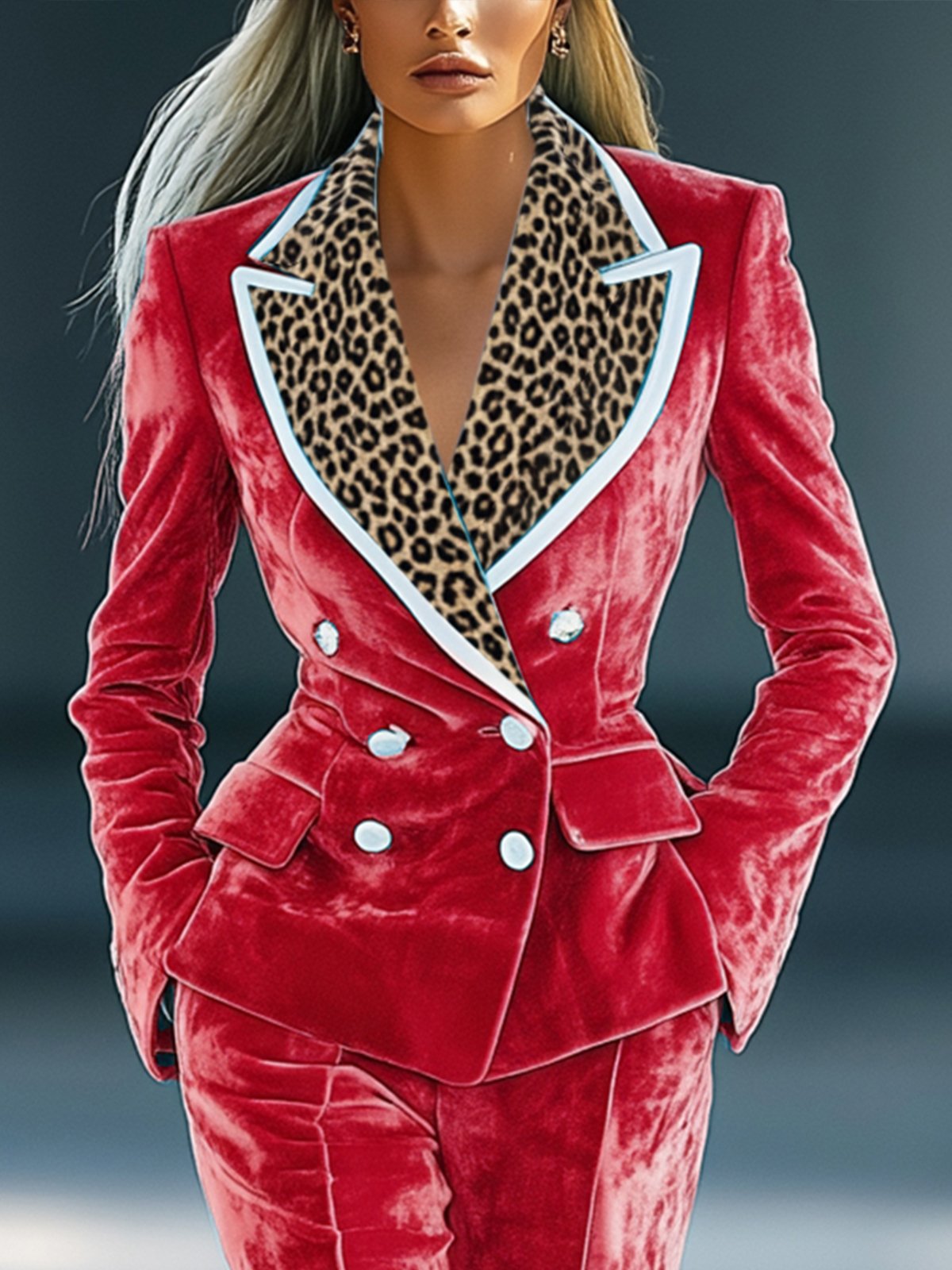 Red Velvet Blazer With Leopard Print Collar