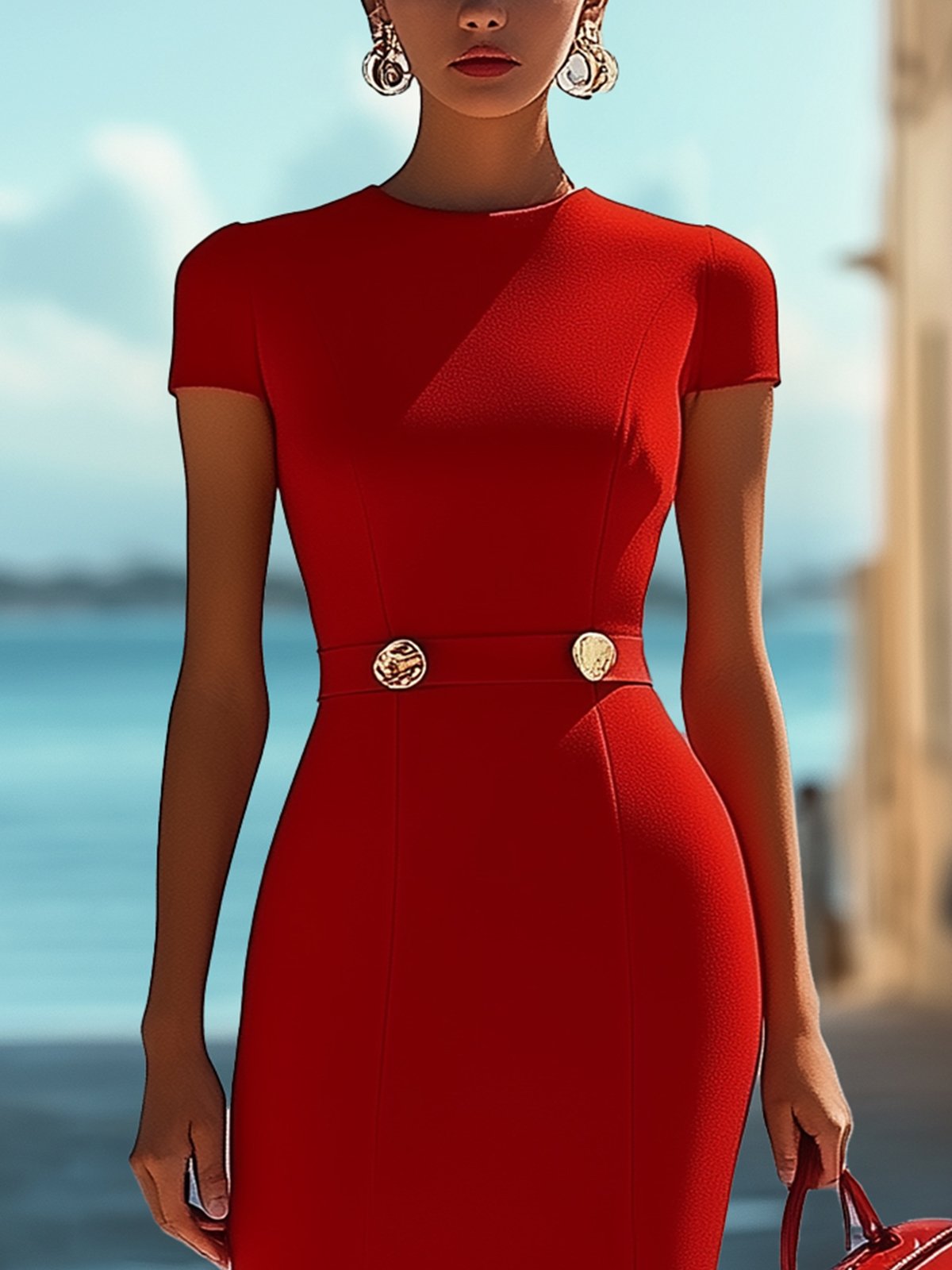 Charming Red Round-Neck Short-Sleeve Bodycon Dress