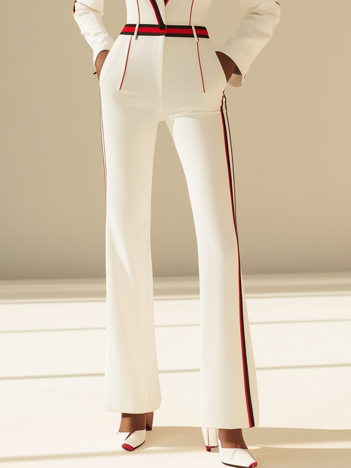 Fashion White Jumpsuit With Red Black Line Design