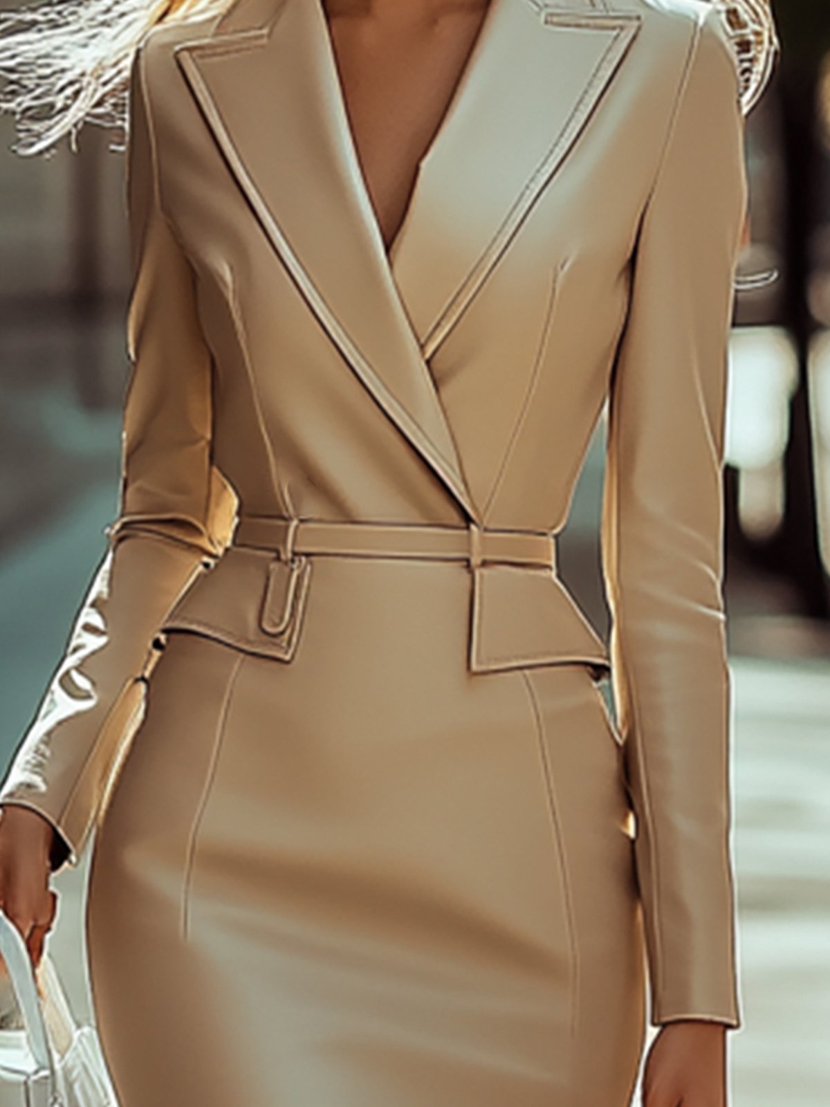 Elegant Lapel Solid Color PU Dress