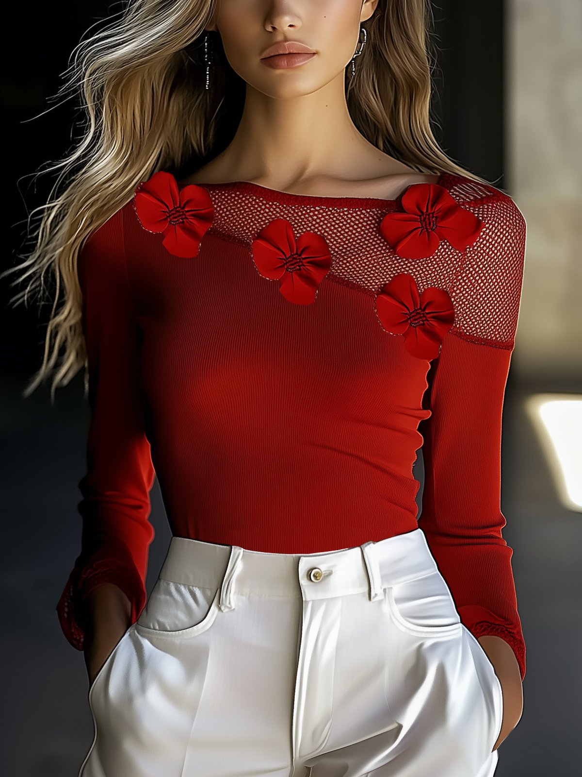 Red Stretchy T-Shirt With Mesh Shoulders And 3D Floral Details