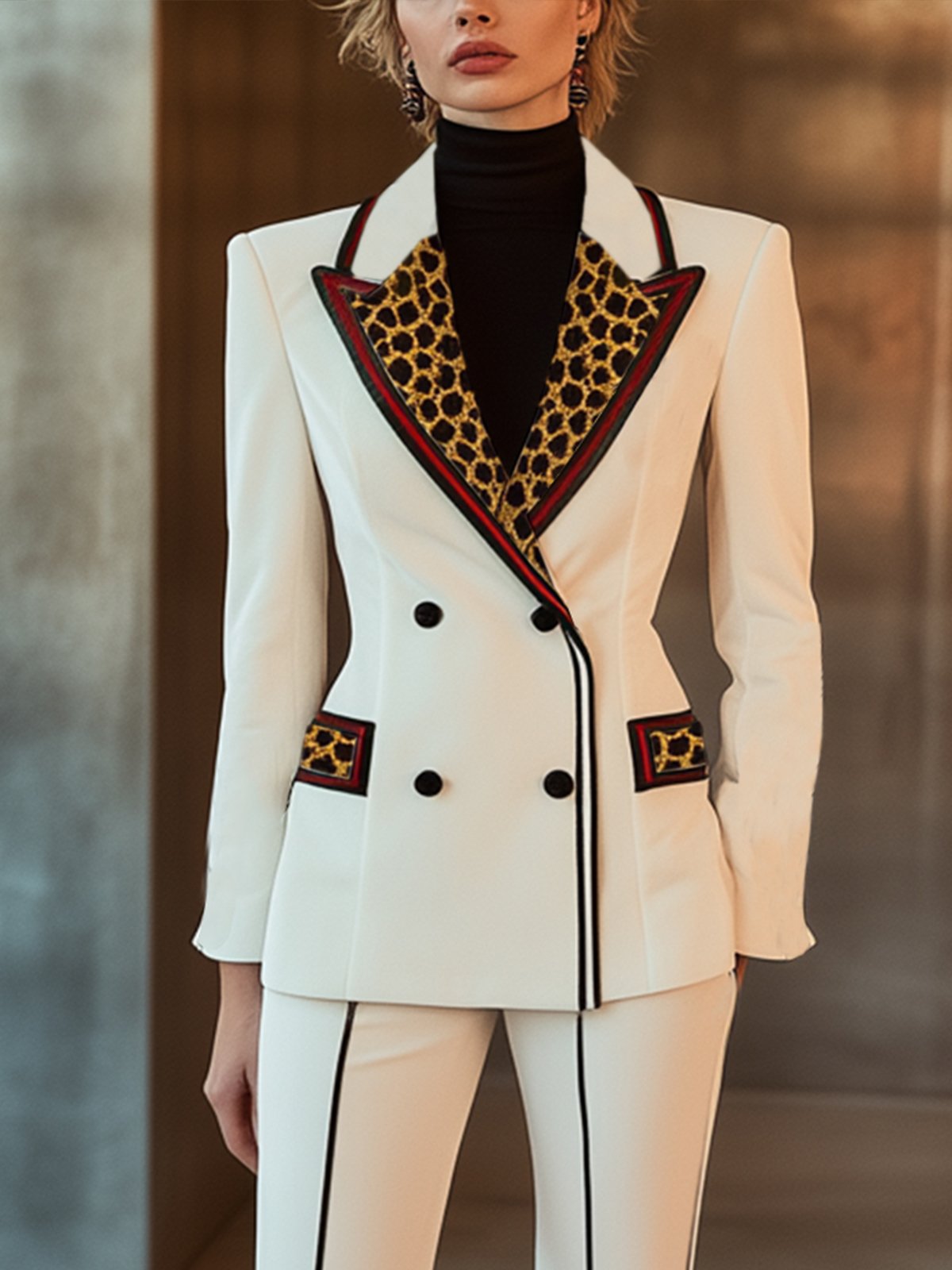 Charming White Velvet Blazer With Leopard Print Lapel