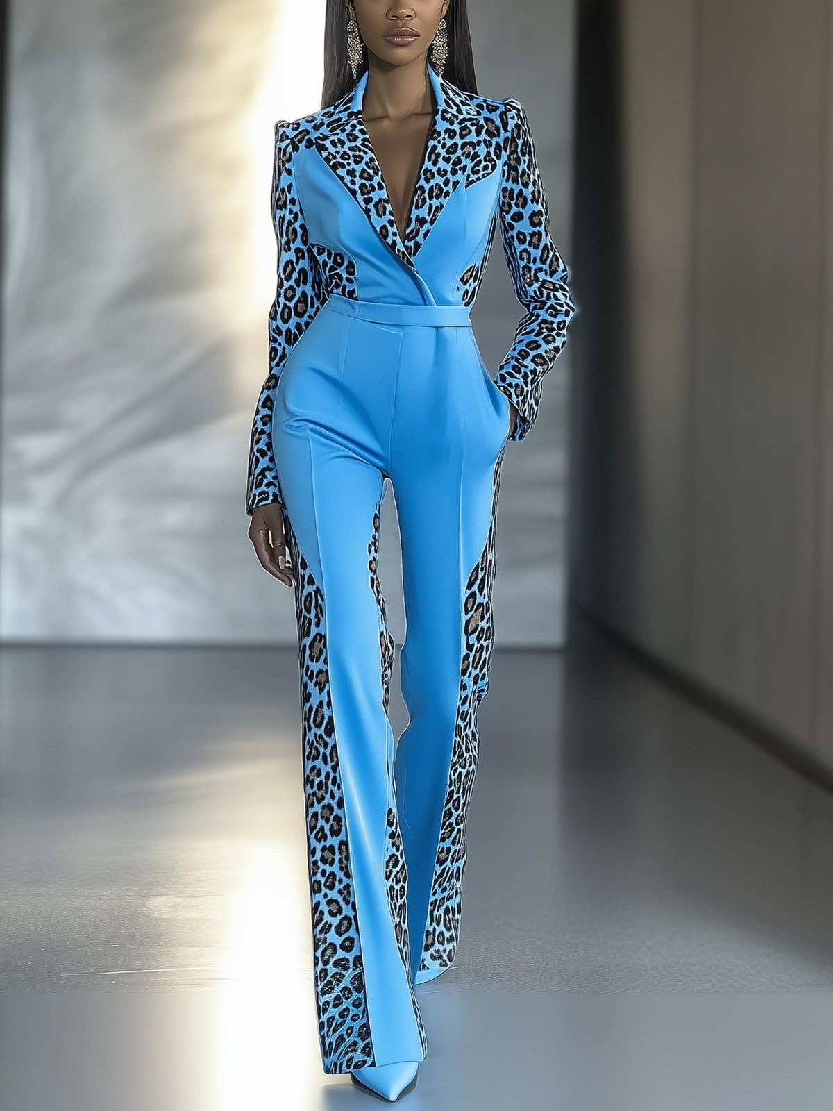 Light Blue Leopard-Print Jumpsuit