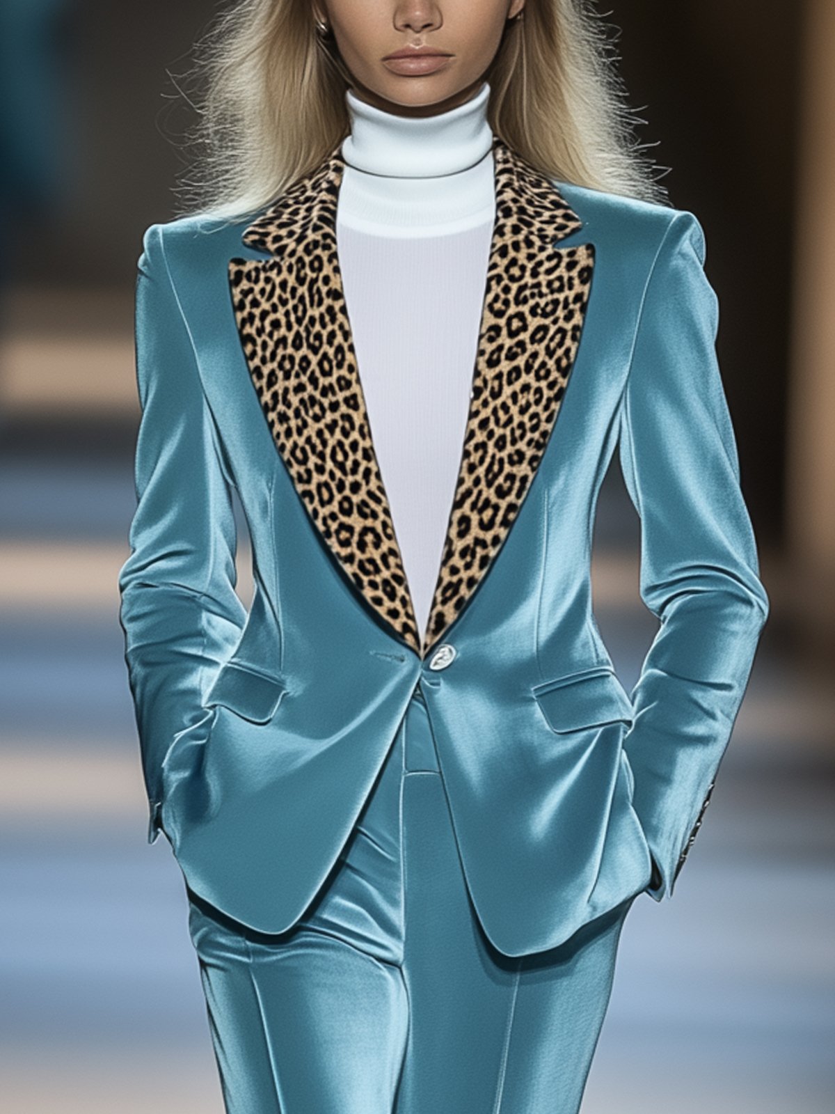 Sky Blue Velvet Leopard Print Blazer