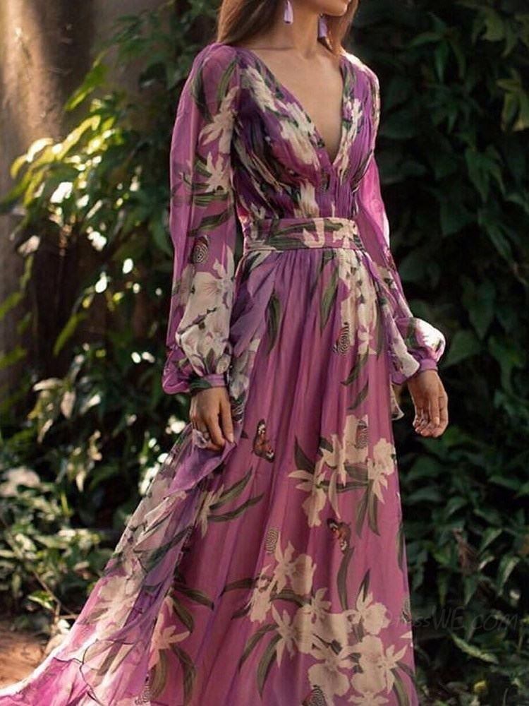 Purple Printed V-neck Long Dress