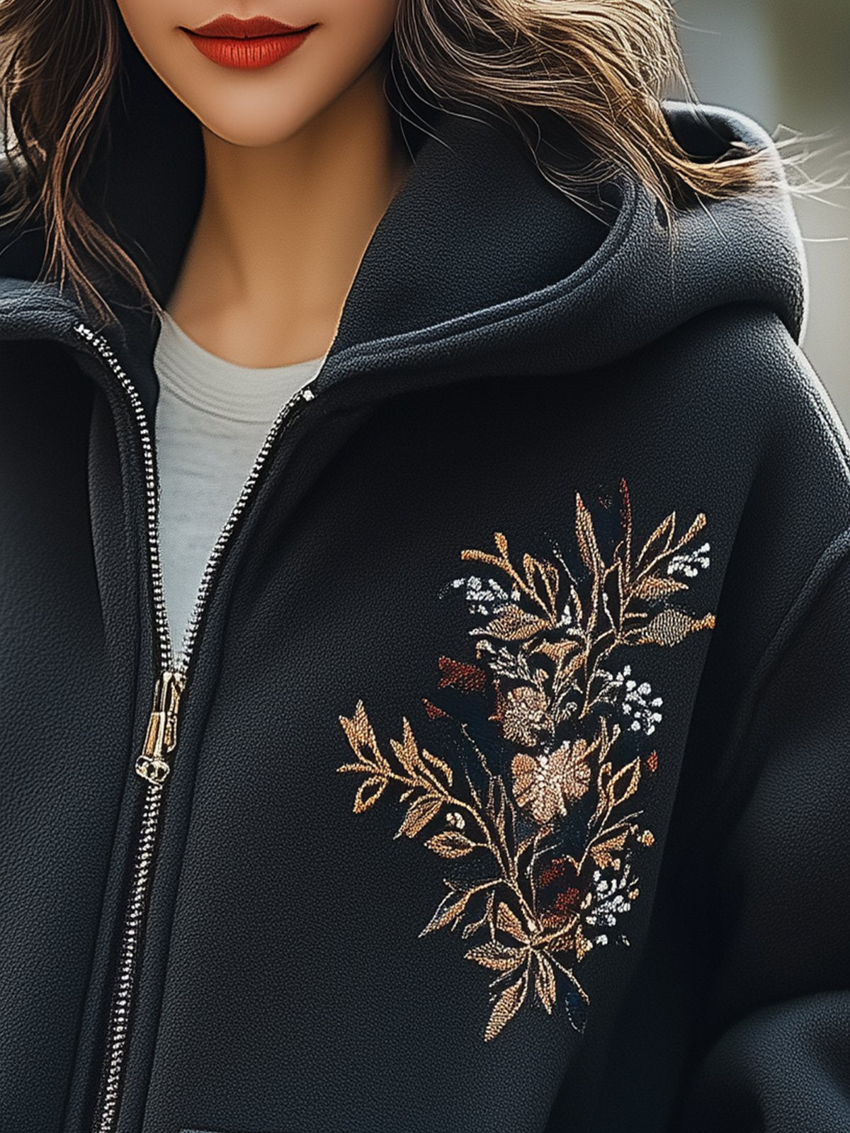 Hooded Coat With Floral Embroidery