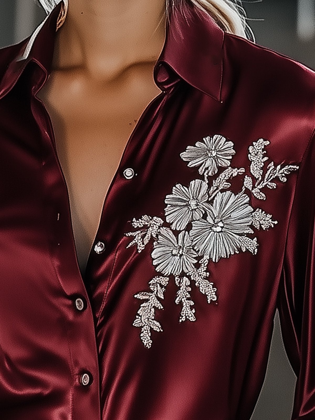 Burgundy Satin Shirt With Silver Floral Embroidery