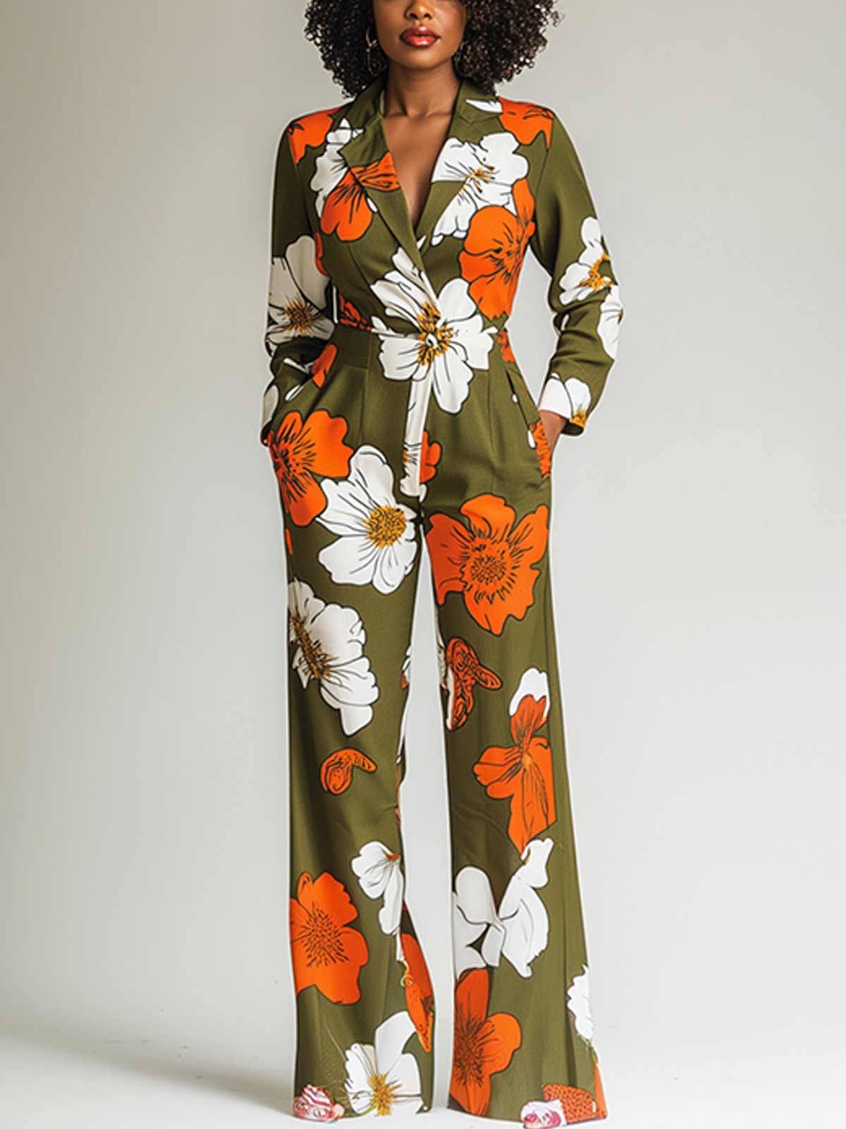 Classic Army Green Jumpsuit With Orange Print