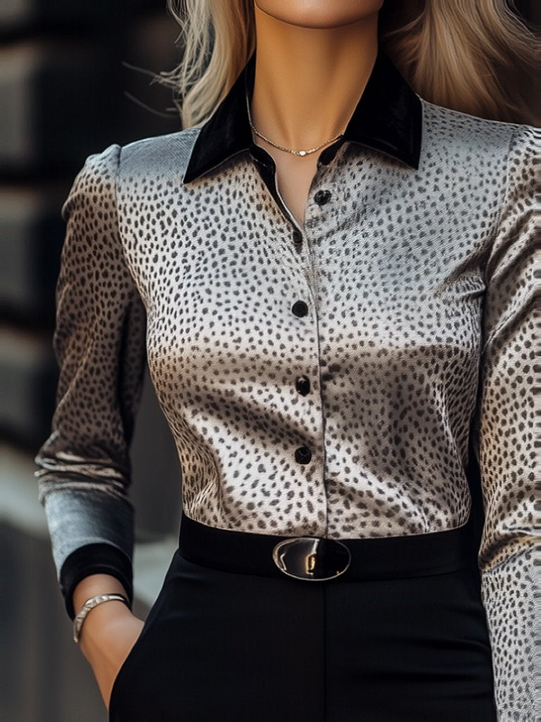 Gray Leopard-Print Satin Blouse