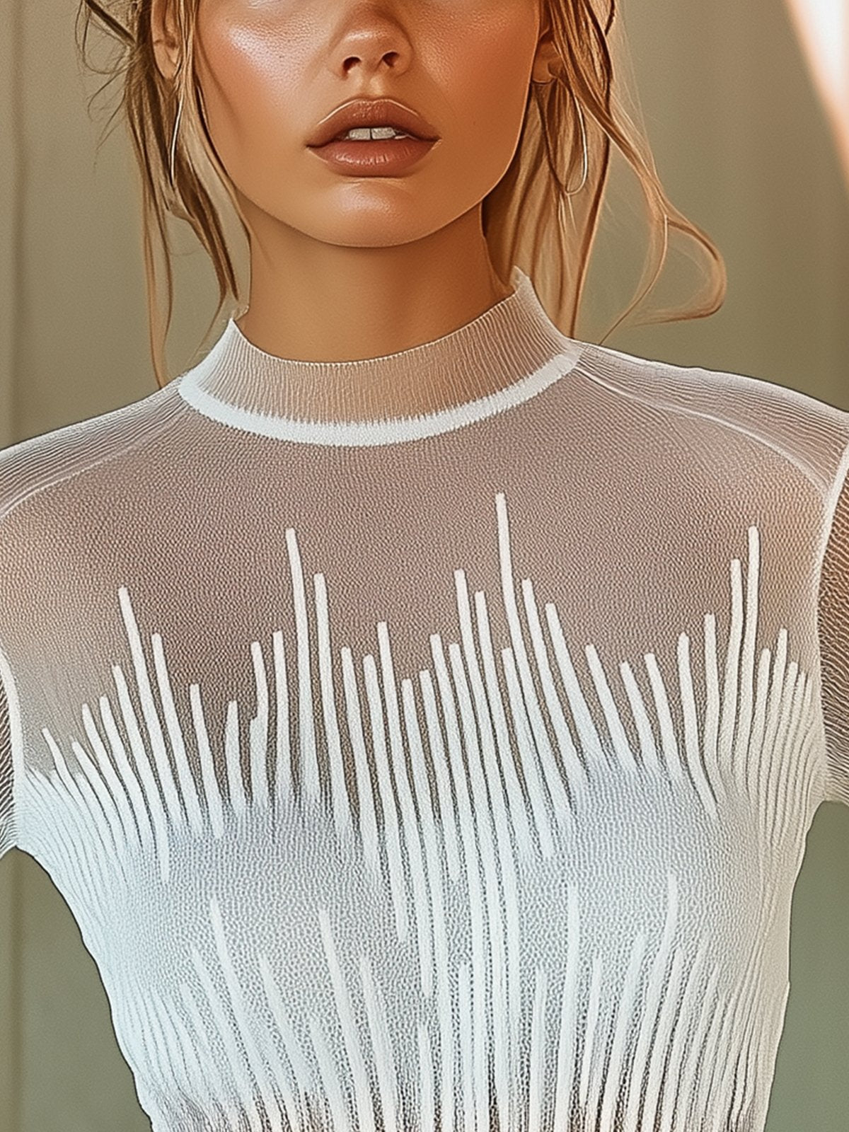 Chic Sheer Long-Sleeve White Top With Textured Vertical Accents