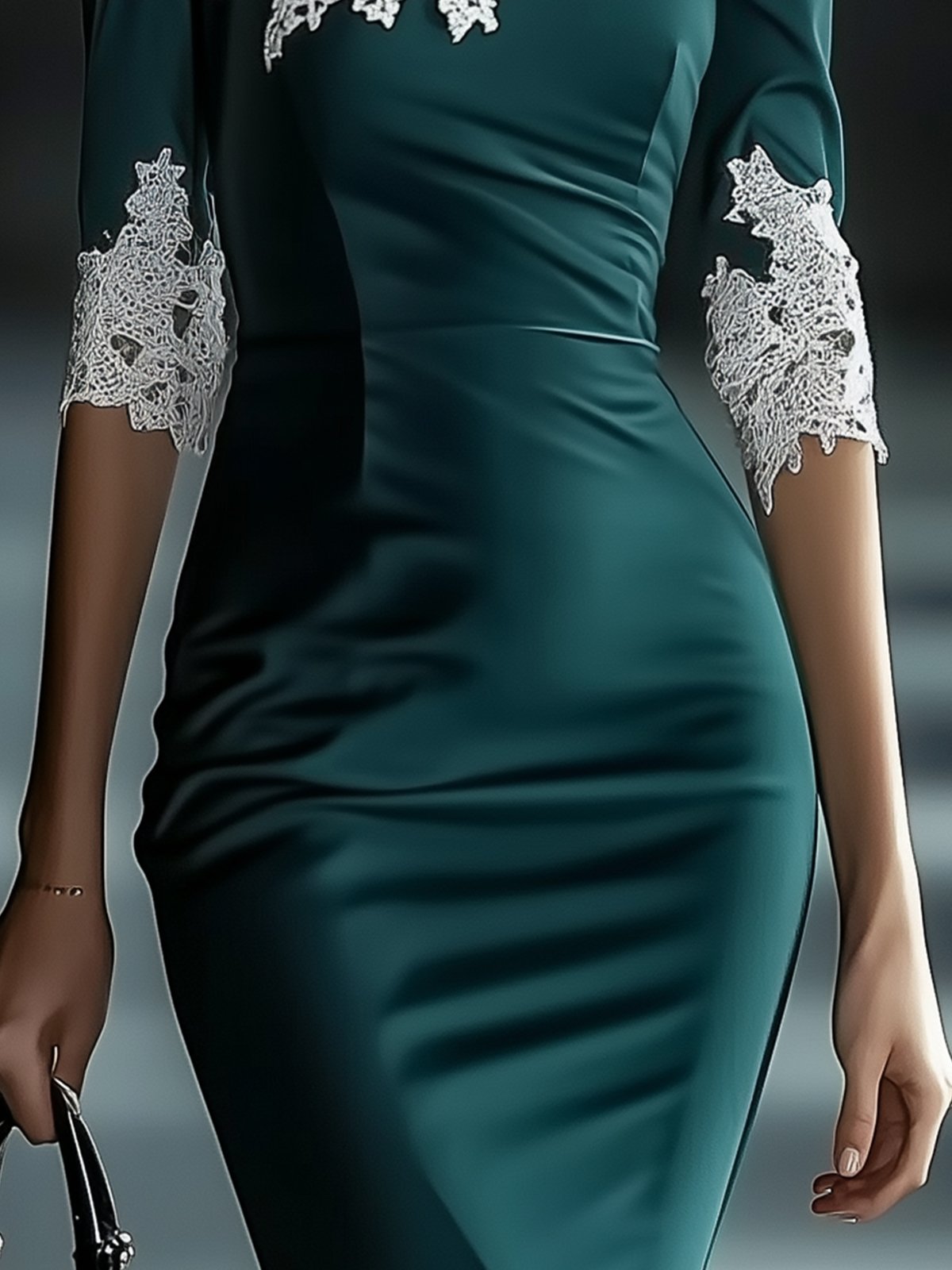 Green Off Shoulder Half Sleeve Lace Panel Bodycon Dress