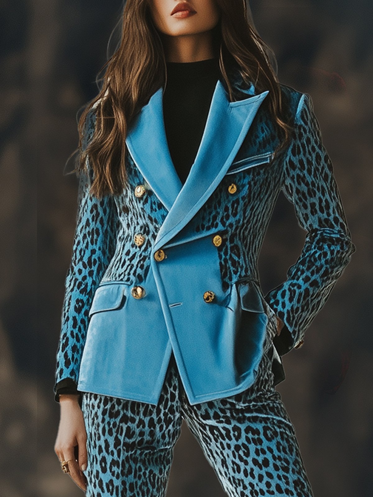 Blue Patchwork Velvet Leopard Print Blazer