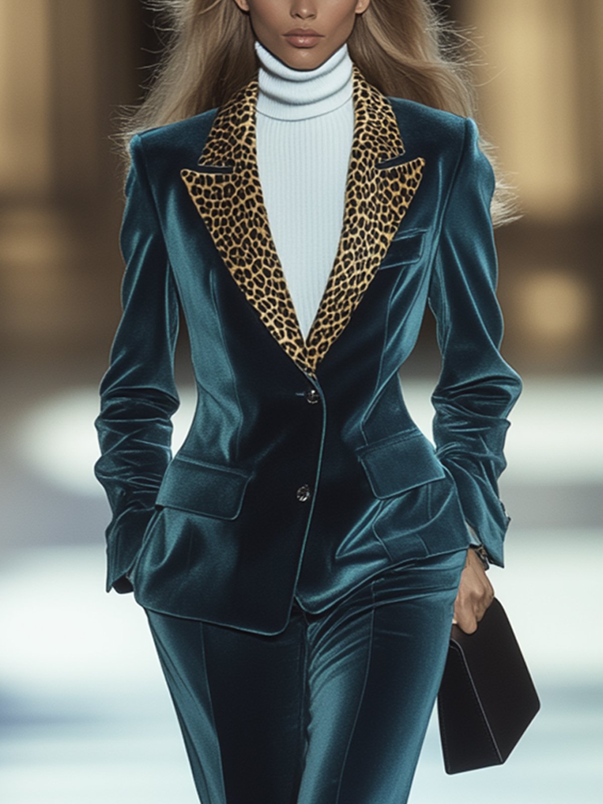 Dark Green Velvet Blazer With Leopard Print Lapels