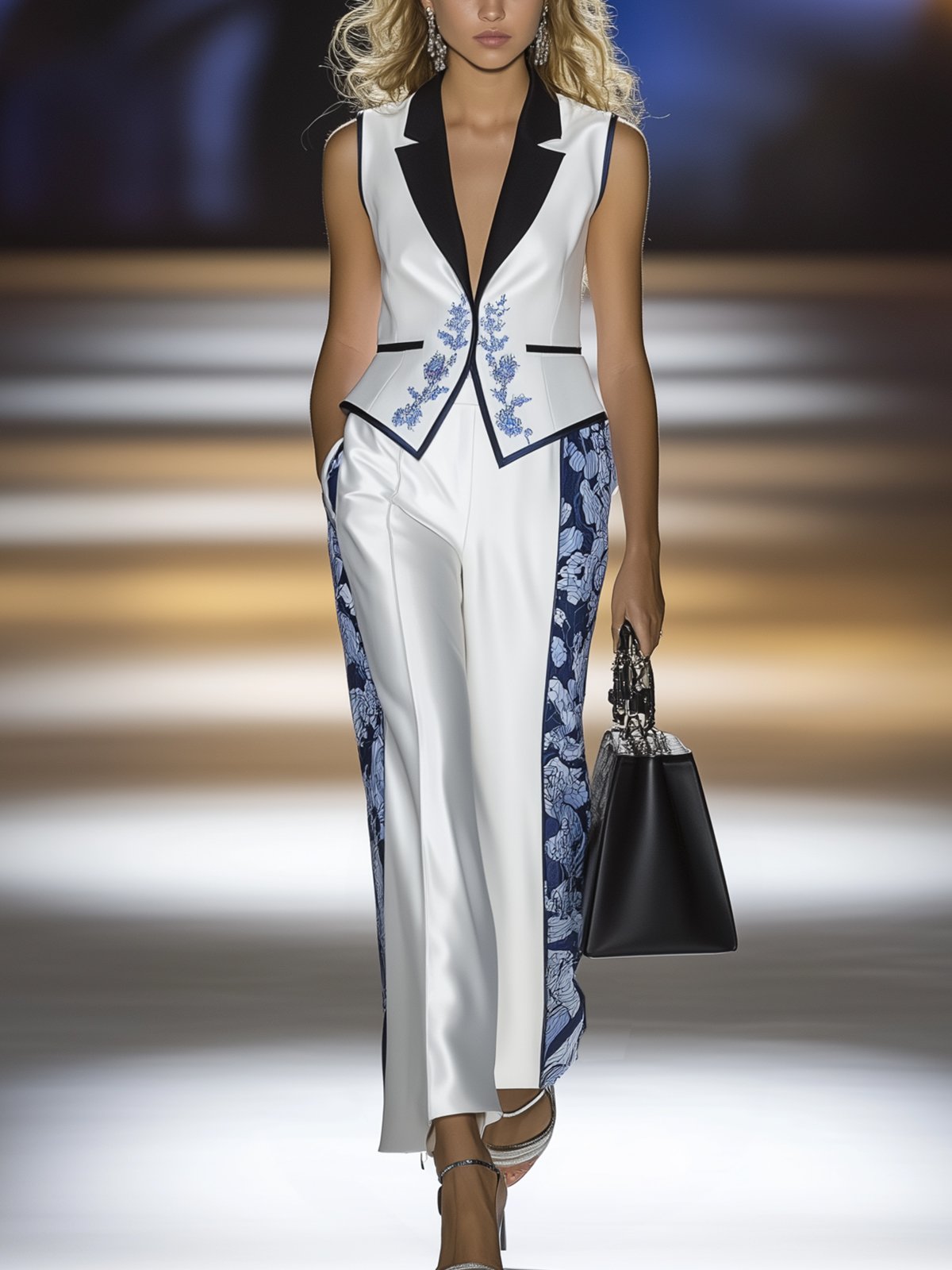 Elegant Satin Print Vest And Trousers Suit