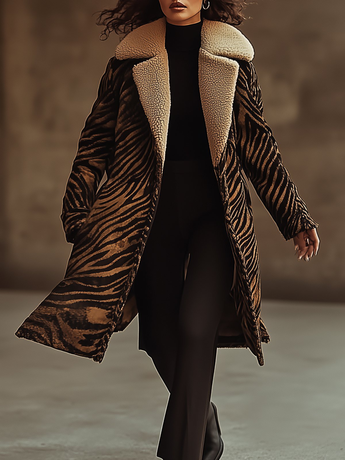 Shearling Collar Zebra Print Coat