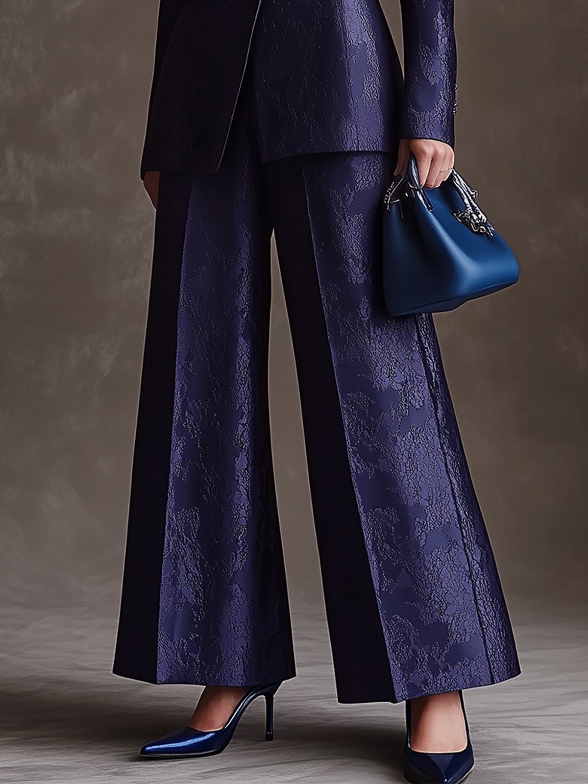 Navy Blue Satin Pants With Silver Print