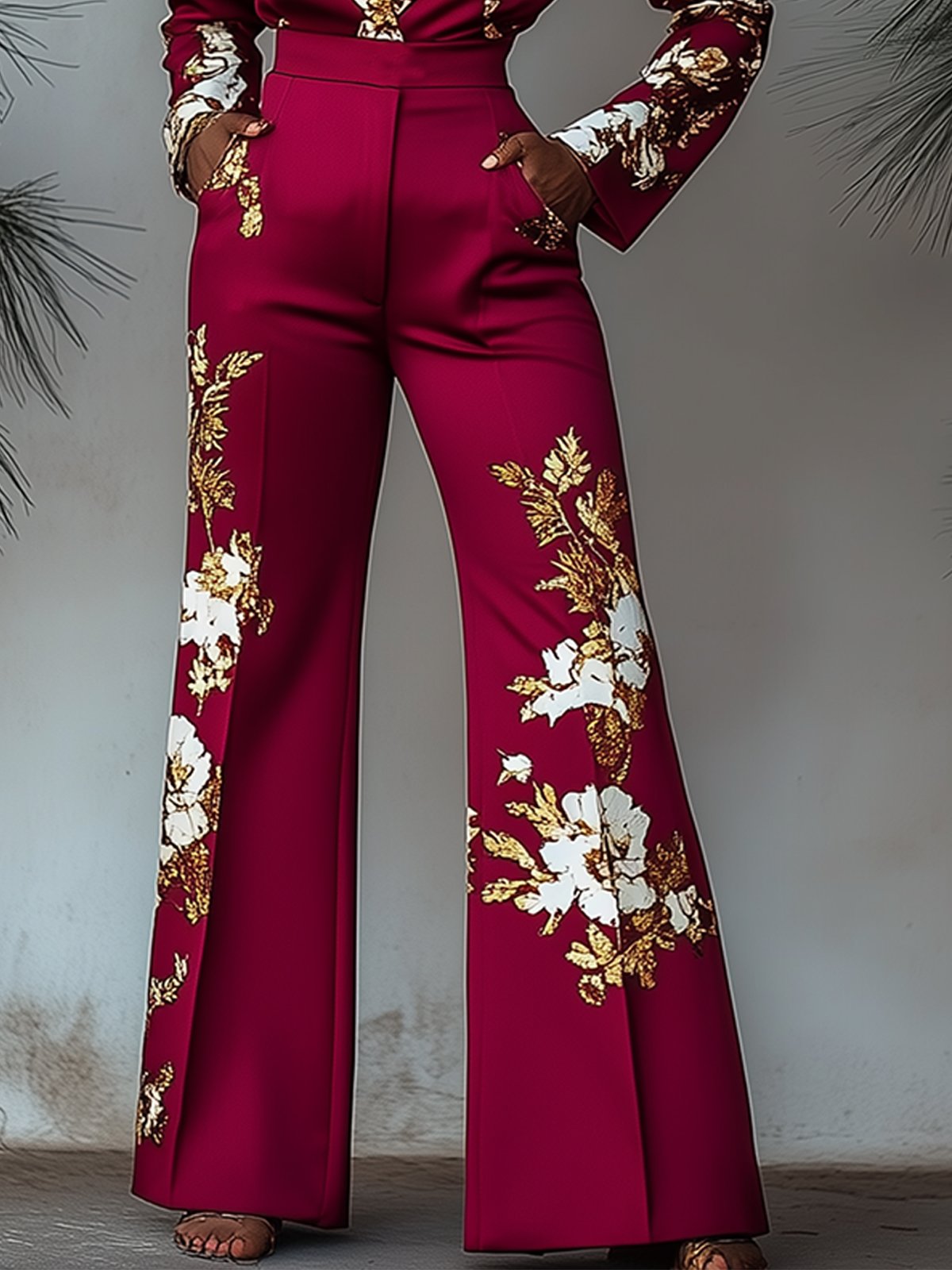 Charming Burgundy Lapel Jumpsuit With Gold Floral Print