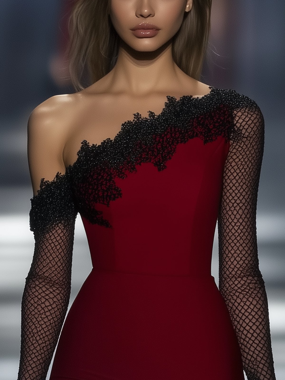 Sophisticated Red One Shoulder Lace Bodycon Dress