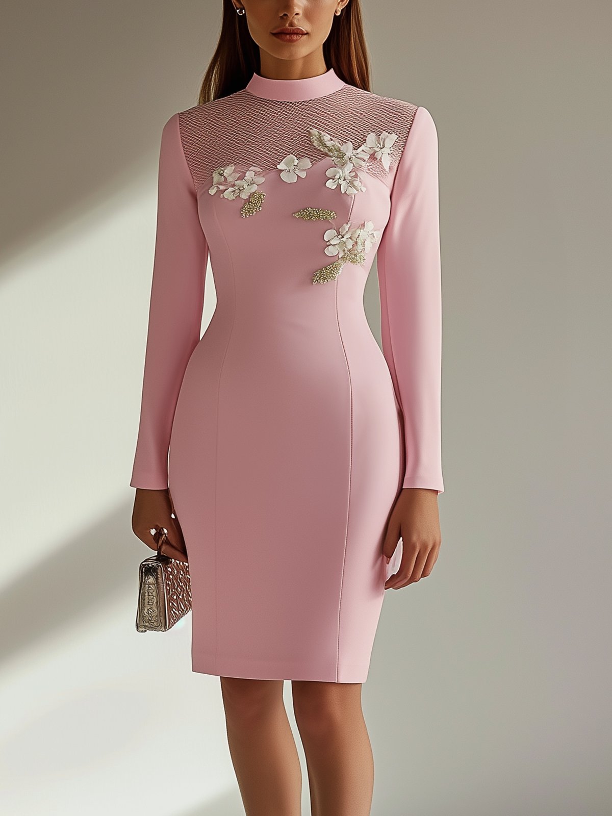 Pink Long-Sleeve Bodycon Dress With Mesh Neckline And Floral Embroidery