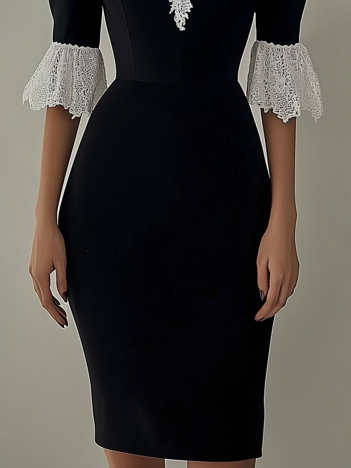 White Lace V-Neck Bell Sleeve Black Bodycon Dress