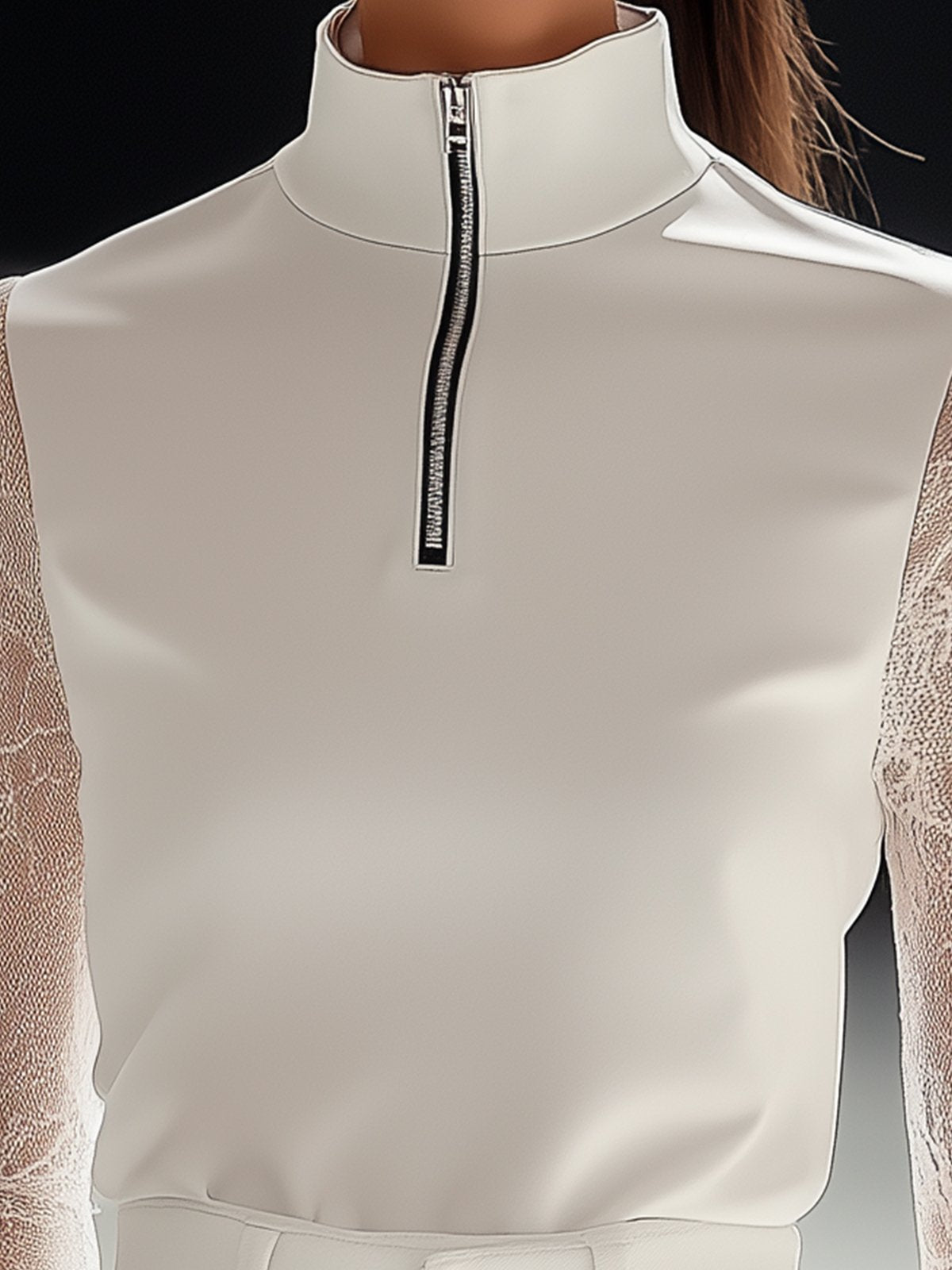 White High Elasticity T-shirt With Lace Long Sleeves And A Zipper Design At The Collar