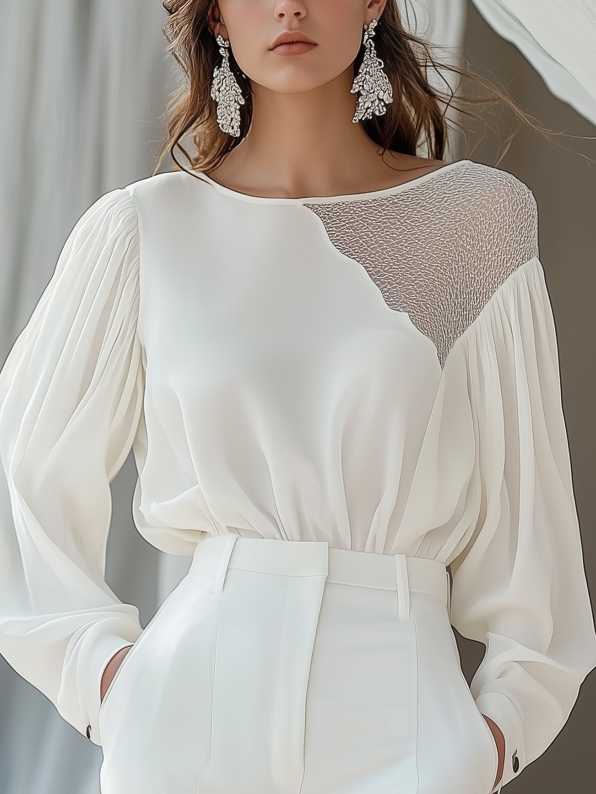 White Chiffon Shirt With Mesh Design